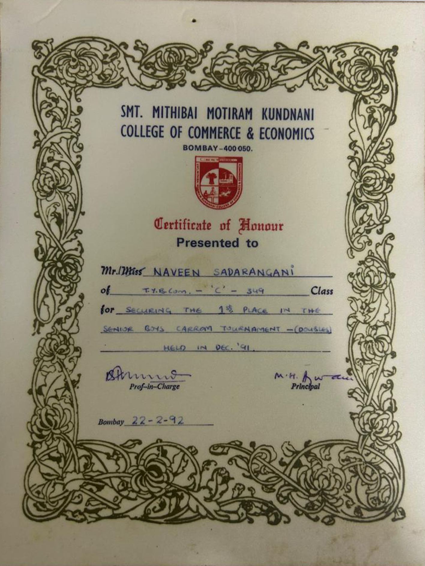 1st Place in the Senior boys Carrom Tournament